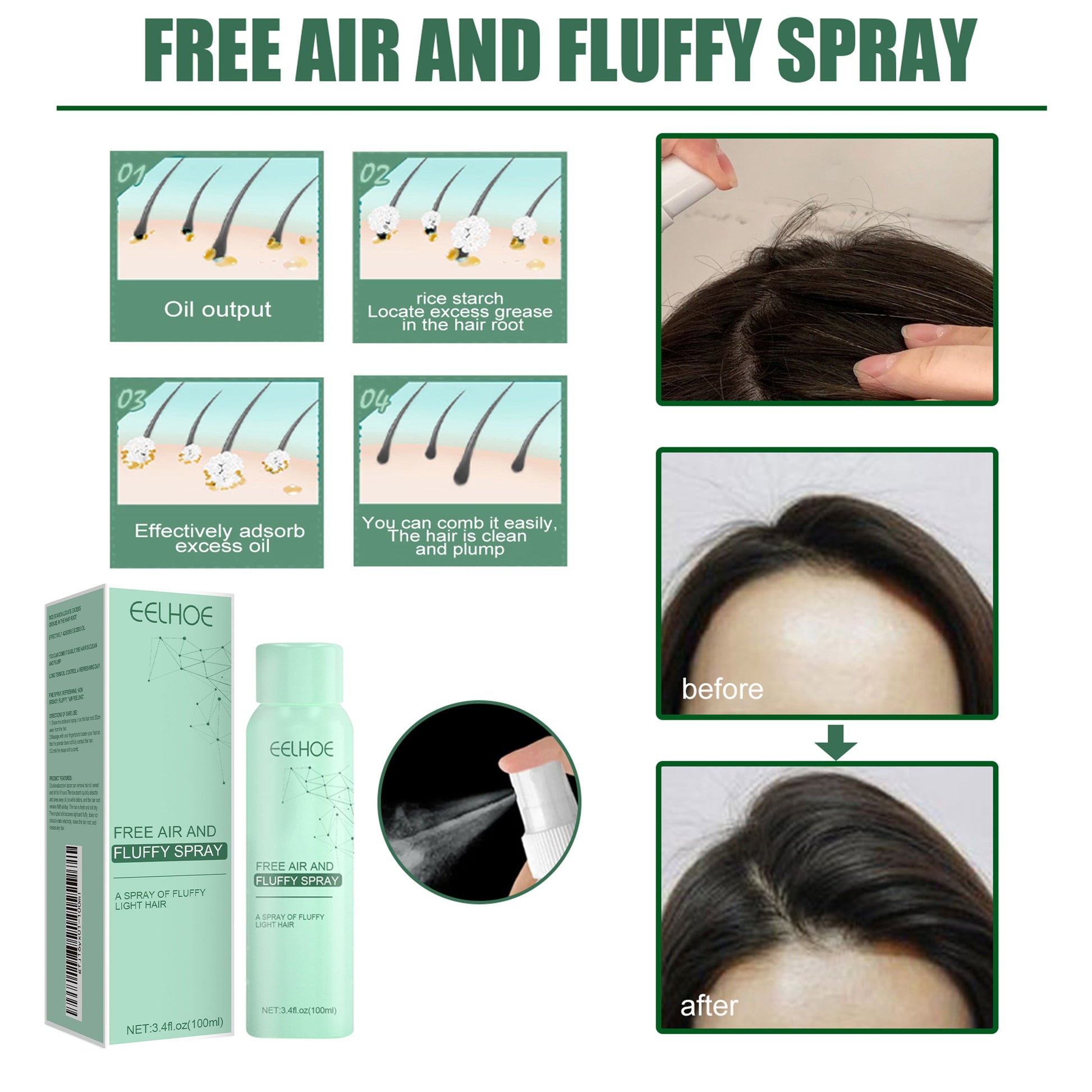 No-Wash Dry Hair Spray, Air Fluffiness Remove Oil Dry And Cool Shampoo-free Dry Hair Agent - Korvel