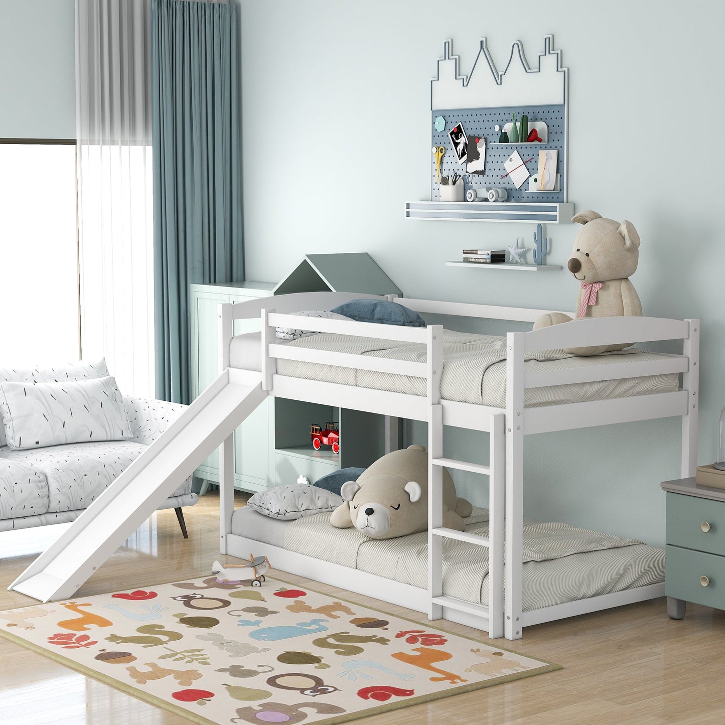 Twin over Twin Bunk Bed with Convertible Slide and Ladder   White - Korvel