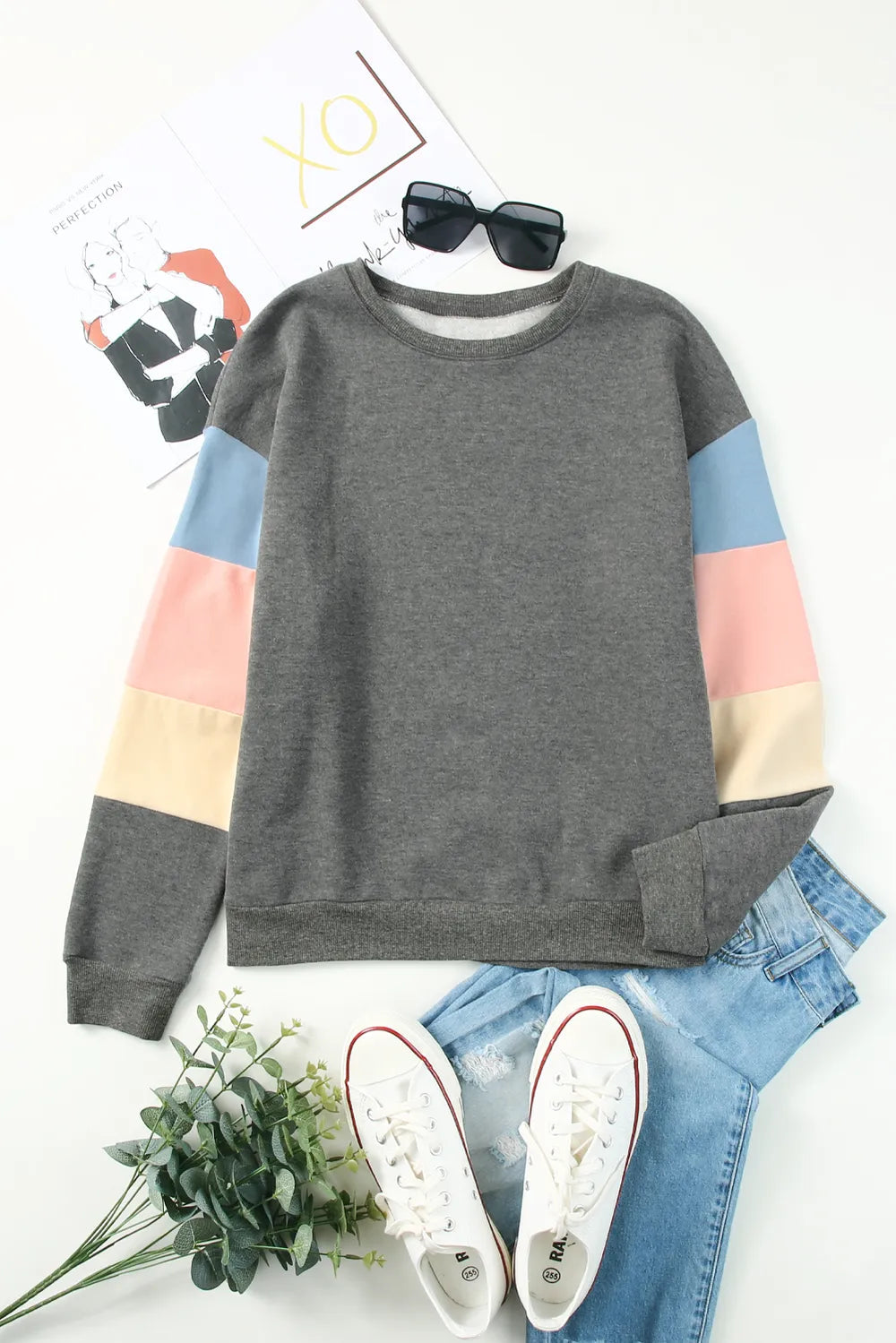 Color Block Round Neck Long Sleeve Sweatshirt - Korvel