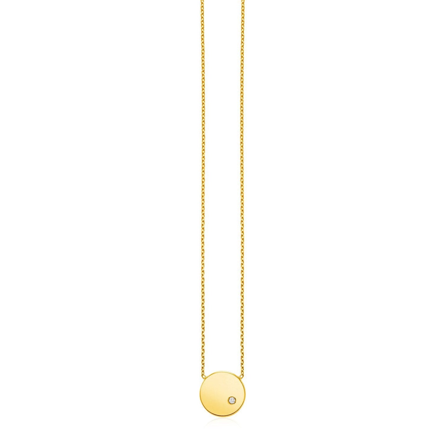 Collier en or jaune 14 carats avec pendentif rond poli et diamant