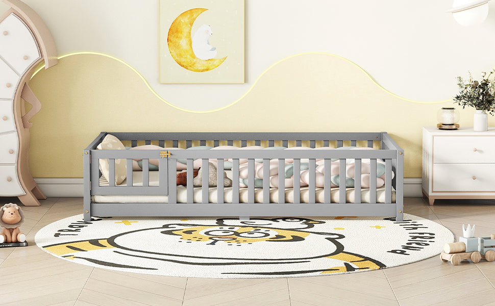 Twin Size Bed Floor Bed with Safety Guardrails and Door for Kids, Gray - Korvel