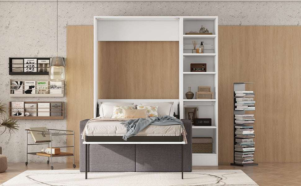 Twin Size Murphy Bed Wall Bed with Sofa and Shelves - White