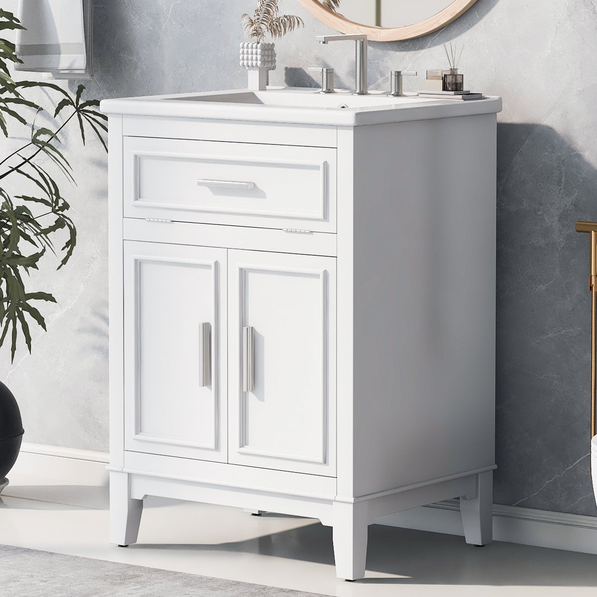 24" Bathroom Vanity with Sink, Bathroom Vanity Cabinet with One Flip Drawer and Doors, Solid Wood and MDF, White - Korvel