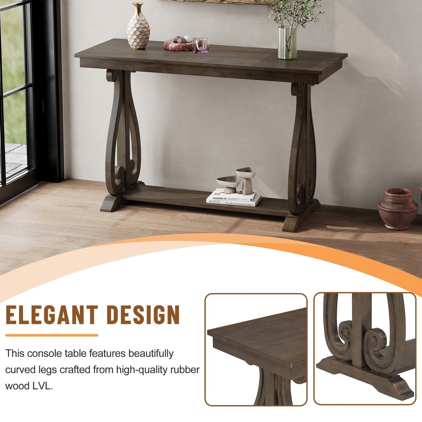48-Inch Rustic Vintage Console Table --- Farmhouse Style Entryway Table with Open Shelf and Sturdy Construction (Walnut) - Korvel