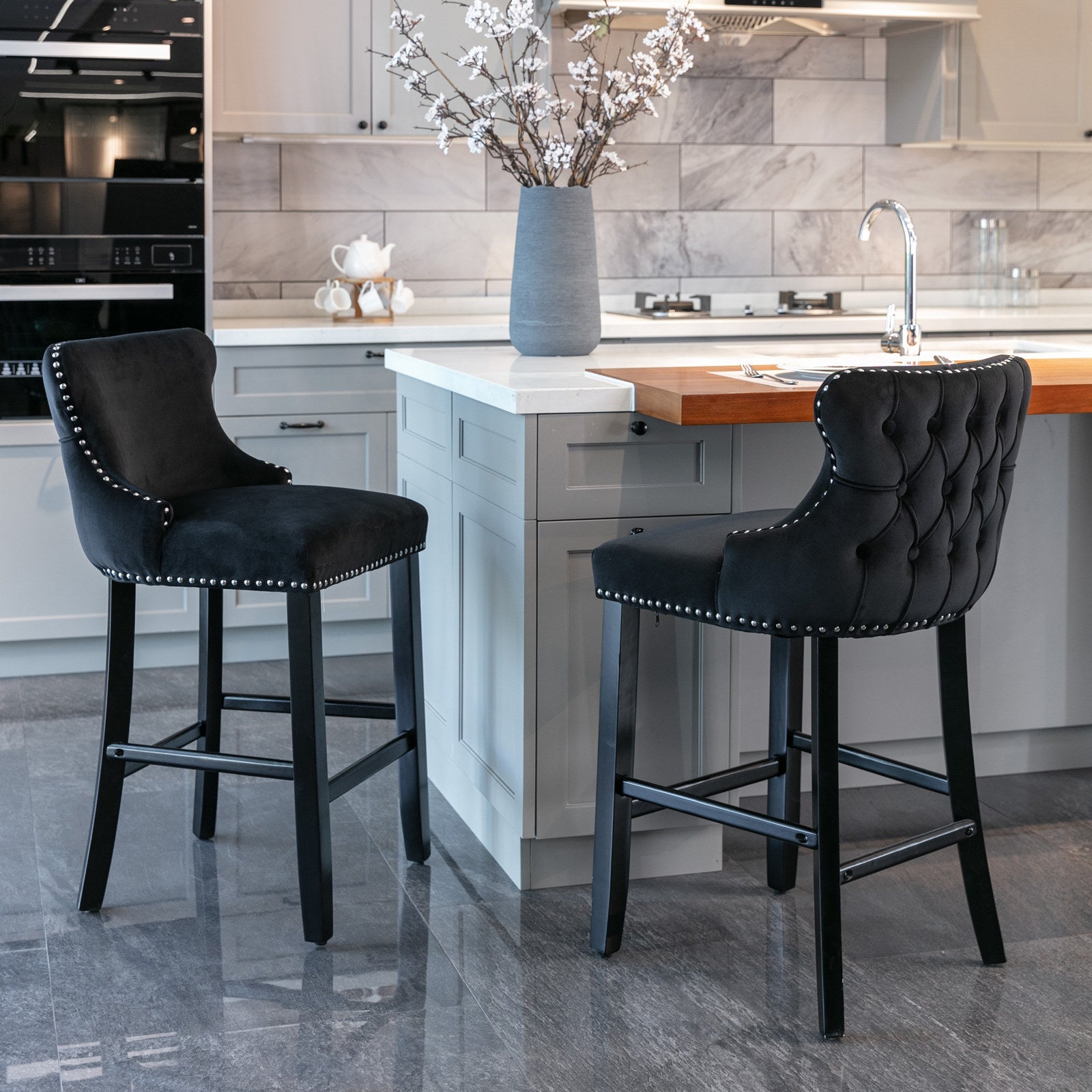 Velvet padded wing back bar stool with button cluster decoration and wooden leg chrome nail head decoration 2-piece set (black) - Korvel