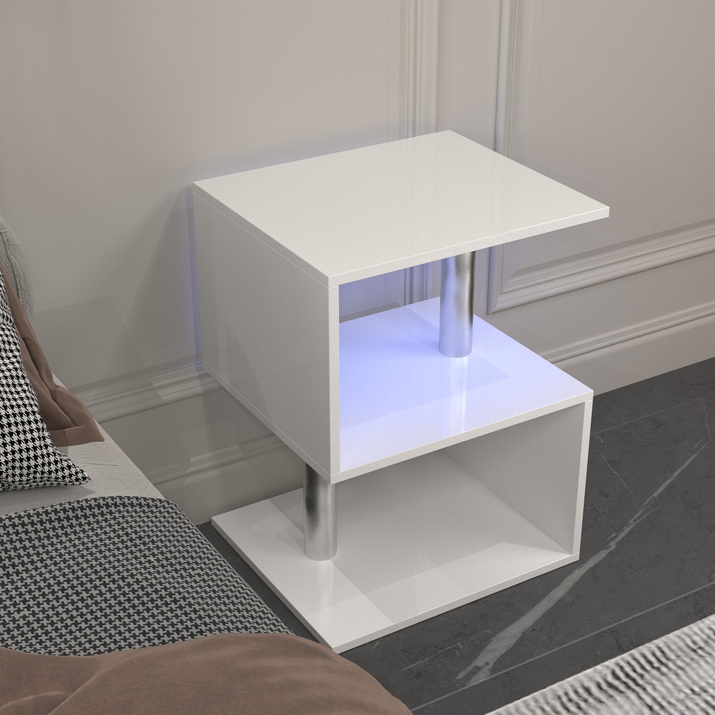 3-layer S-shaped coffee table, high gloss side table with open storage rack and USB power supply, white LED coffee table - Korvel