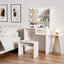 Vanity Desk Set Stool & Dressing Table with LED Lighting Mirror Drawer and Wood Cosmetic Table Chest of Drawers White Color - Korvel