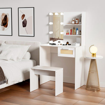 Vanity Desk Set Stool & Dressing Table with LED Lighting Mirror Drawer and Wood Cosmetic Table Chest of Drawers White Color - Korvel