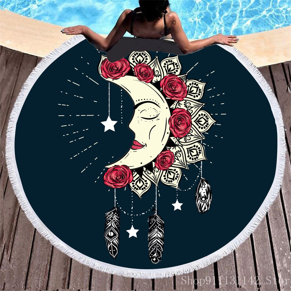 3d Bohemian Tai Chi Animal Digital Print Round Ribbon Beach Towel Swimming Yoga Picnic Mat Bikini Covered Napkin - Korvel
