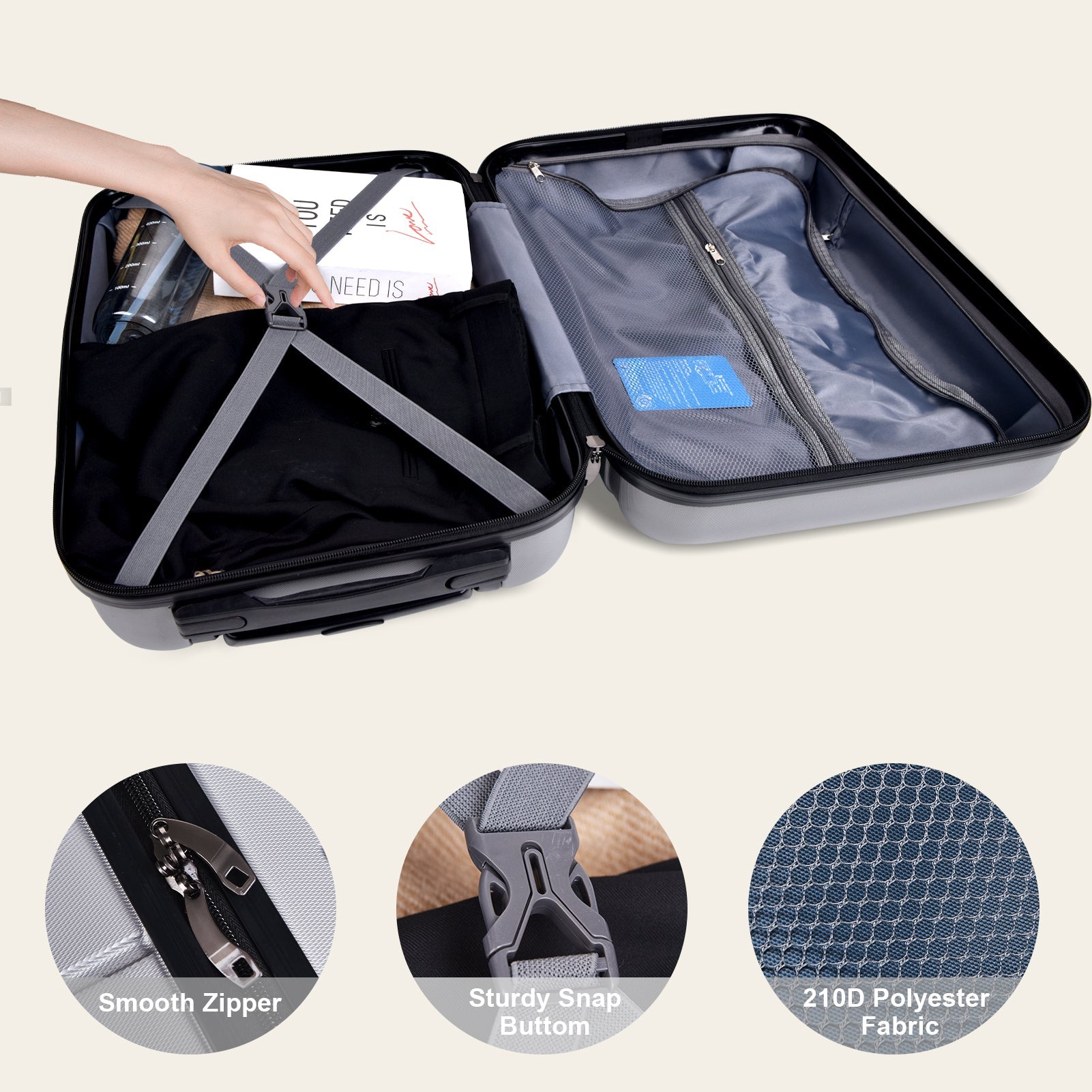 Luggage Suitcase 3 Piece Sets Hardside Carry-on luggage with Spinner Wheels 20"/24"/28" Silver+Grey + ABS - Korvel