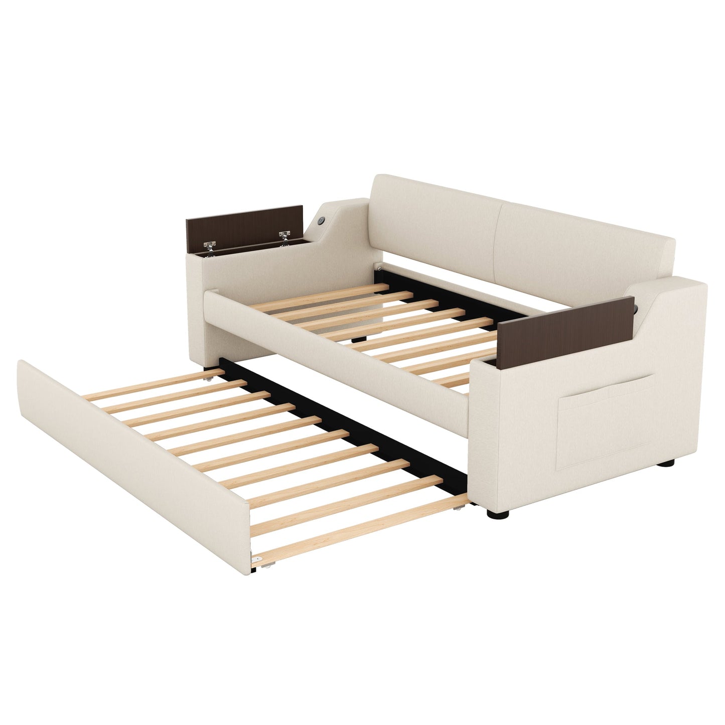 Twin Size Upholstery Daybed with Storage Arms and USB - Beige