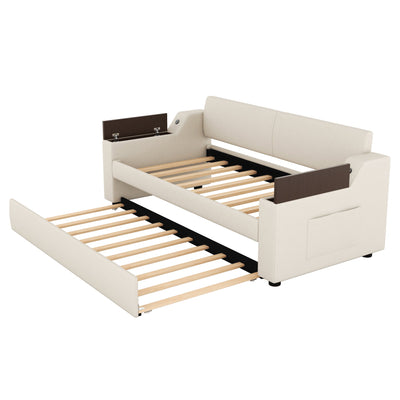 Twin Size Upholstery Daybed with Storage Arms and USB - Beige