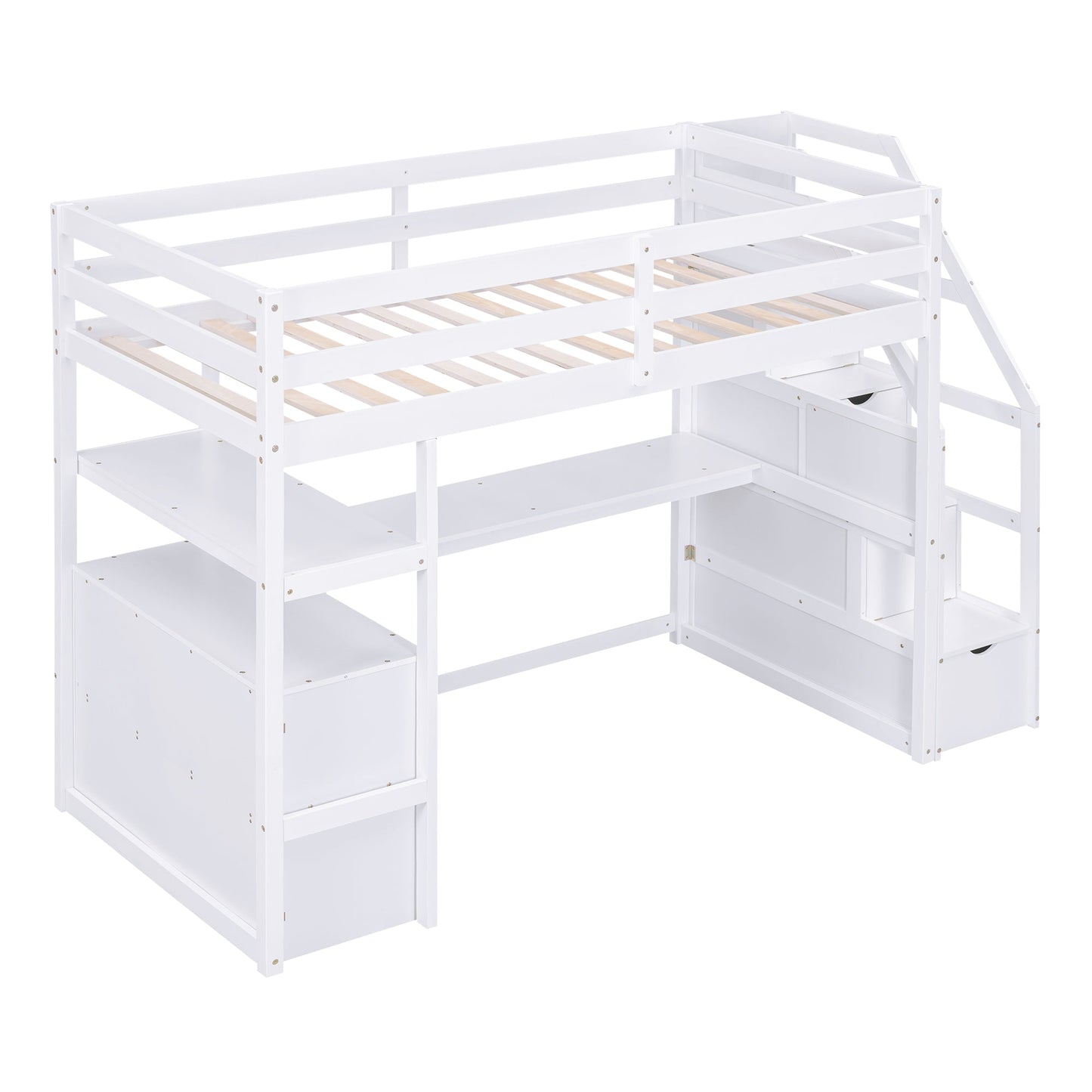 Twin Size Loft Bed with Desk and Shelves  Two Built-in Drawers  Storage Staircase White - Korvel