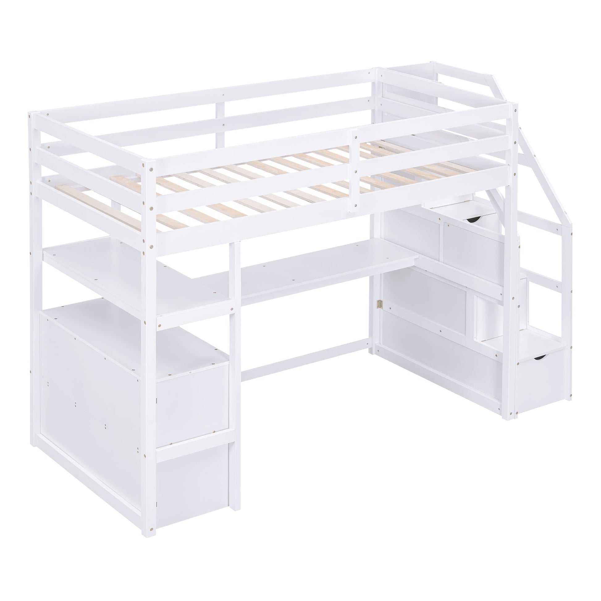 Twin Size Loft Bed with Desk and Shelves  Two Built-in Drawers  Storage Staircase White - Korvel