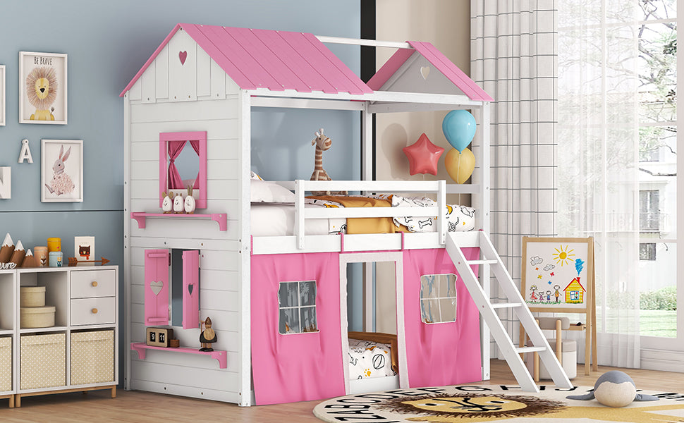 Elegant Twin Size Bunk Wood House Bed in Pink and White