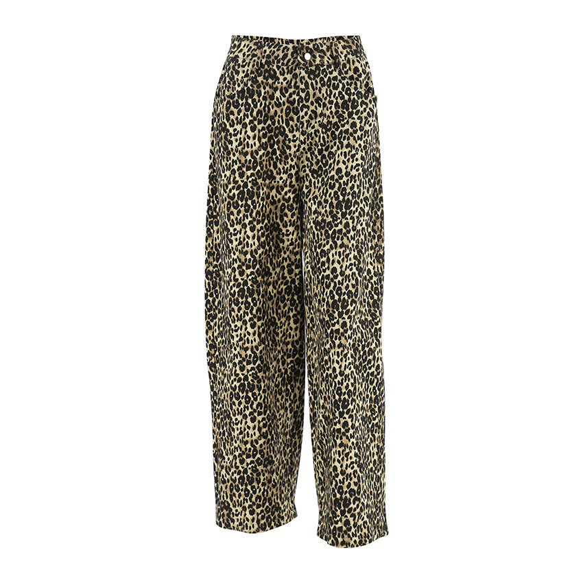 American retro leopard print casual pants with high waist design niche fashion loose and wide leg pants - Korvel
