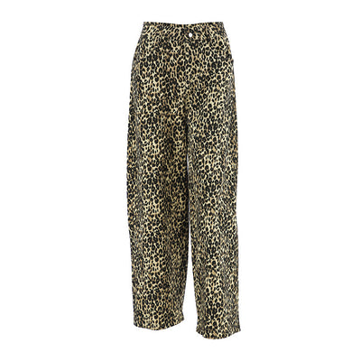 American retro leopard print casual pants with high waist design niche fashion loose and wide leg pants - Korvel