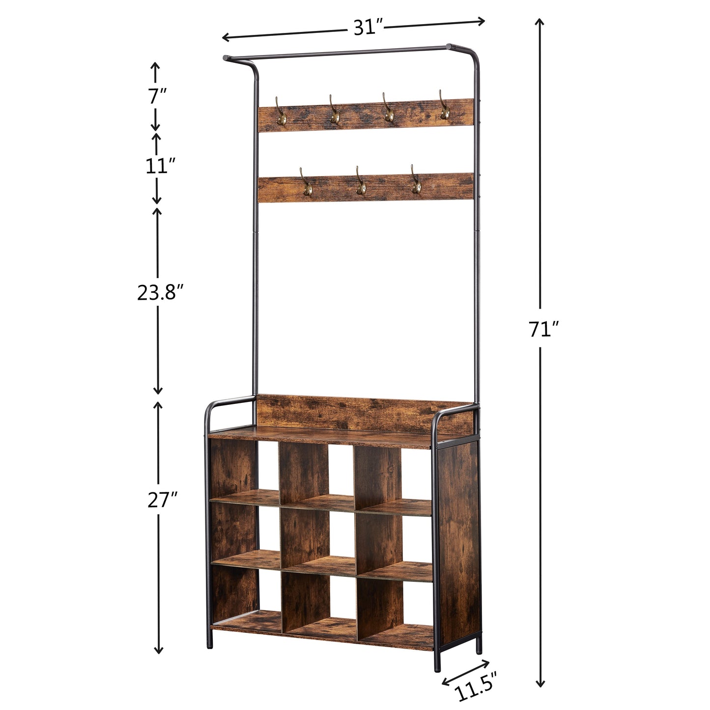 Coat Rack, Hall Tree with Shoe Rack for Entryway, 3-in-1 Entryway Coat Rack and Storage Rack, with 7 Hooks, a Hanging Rod - Korvel