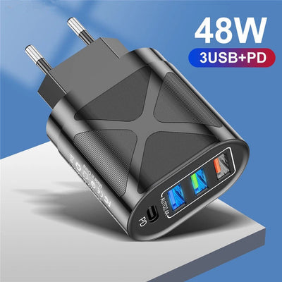 New 3USB+PD fast charging head, US standard, European standard, British standard, PD+3USB multi port charger charging head - Korvel