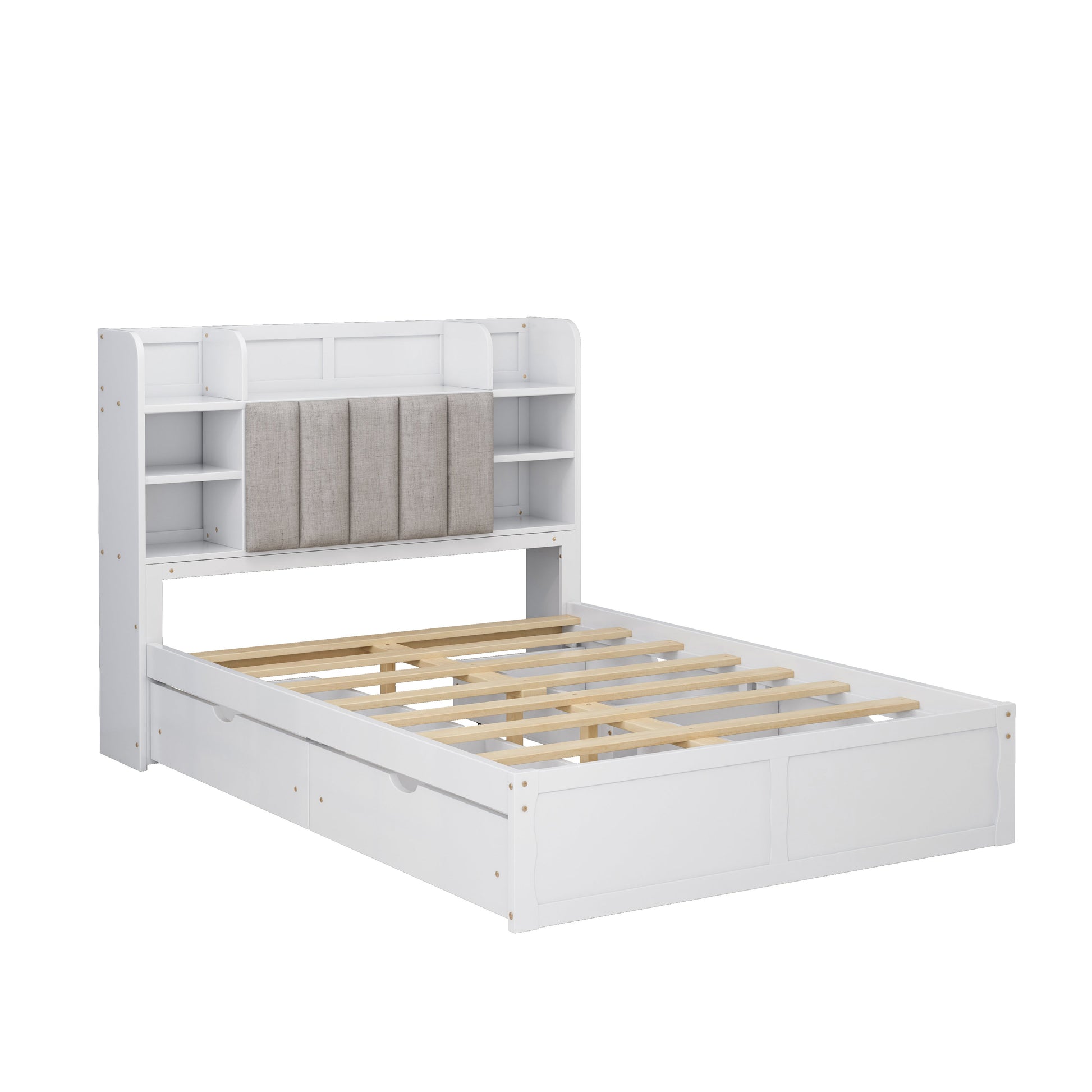 Multi-functional Full Size Bed Frame with 4 Under-bed Portable Storage Drawers and Multi-tier Bedside Storage Shelves White - Korvel