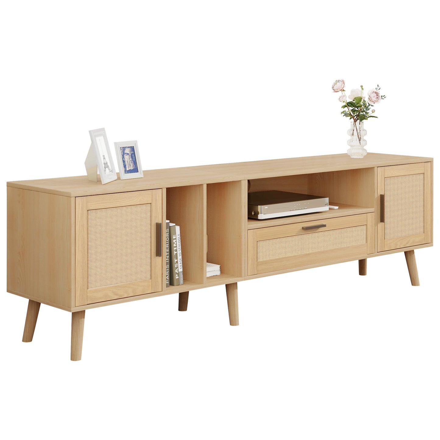 Vine TV stand with 2 cabinets and 2 open shelves, suitable for TVs under 80 inches, with solid wood legs for TV cabinets - Korvel