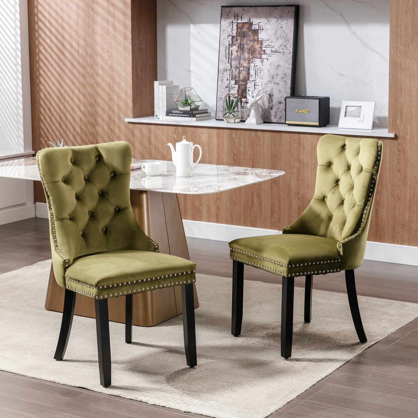 High-end Tufted Solid Wood Contemporary Velvet Upholstered Dining Chair with Wood Legs Nailhead Trim 2-Pcs Set Olive-Green - Korvel