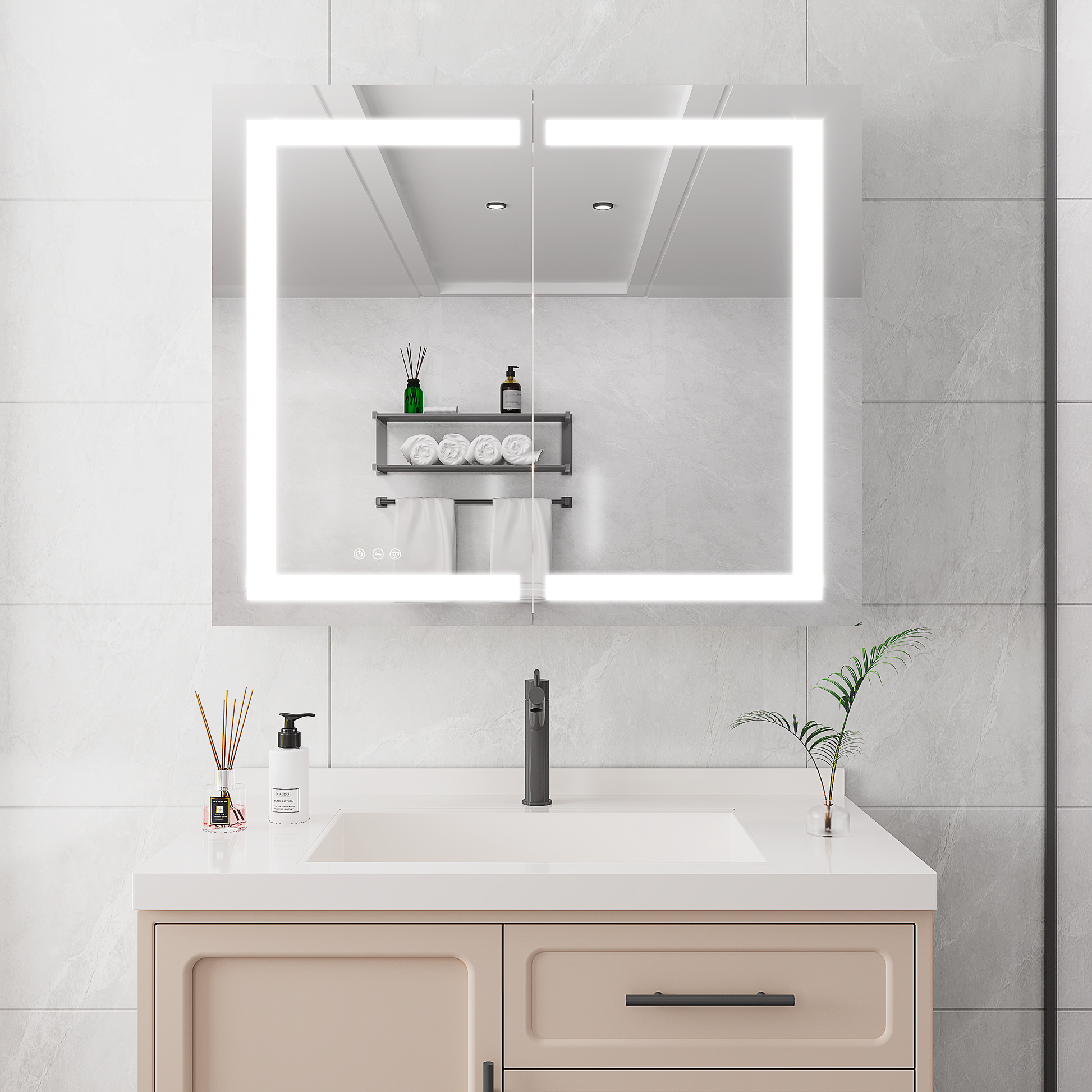 36 x 30 inch Medicine Cabinet with LED Vanity Mirror Anti-Fog  Recessed or Surface Mount Waterproof DimmableAluminum 3000K~6000K Lighted Double Door Bathroom Cabinet with Touch Switch - Korvel