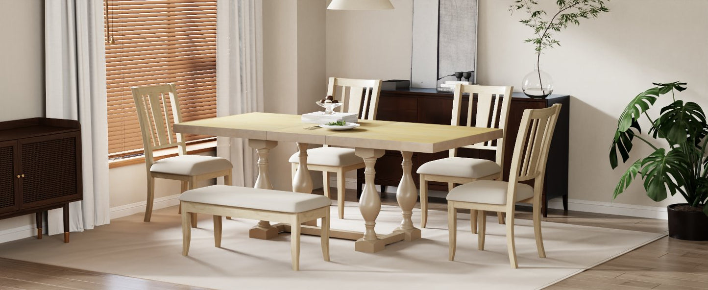 Traditional 6-Piece 78inch Trestle Extendable Dining Table Set with One 18inch Removable Leaf Padded Dining Chairs Bench,Natural - Korvel