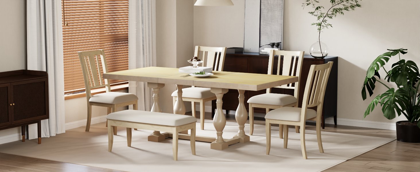 Traditional 6-Piece 78inch Trestle Extendable Dining Table Set with One 18inch Removable Leaf Padded Dining Chairs Bench,Natural - Korvel