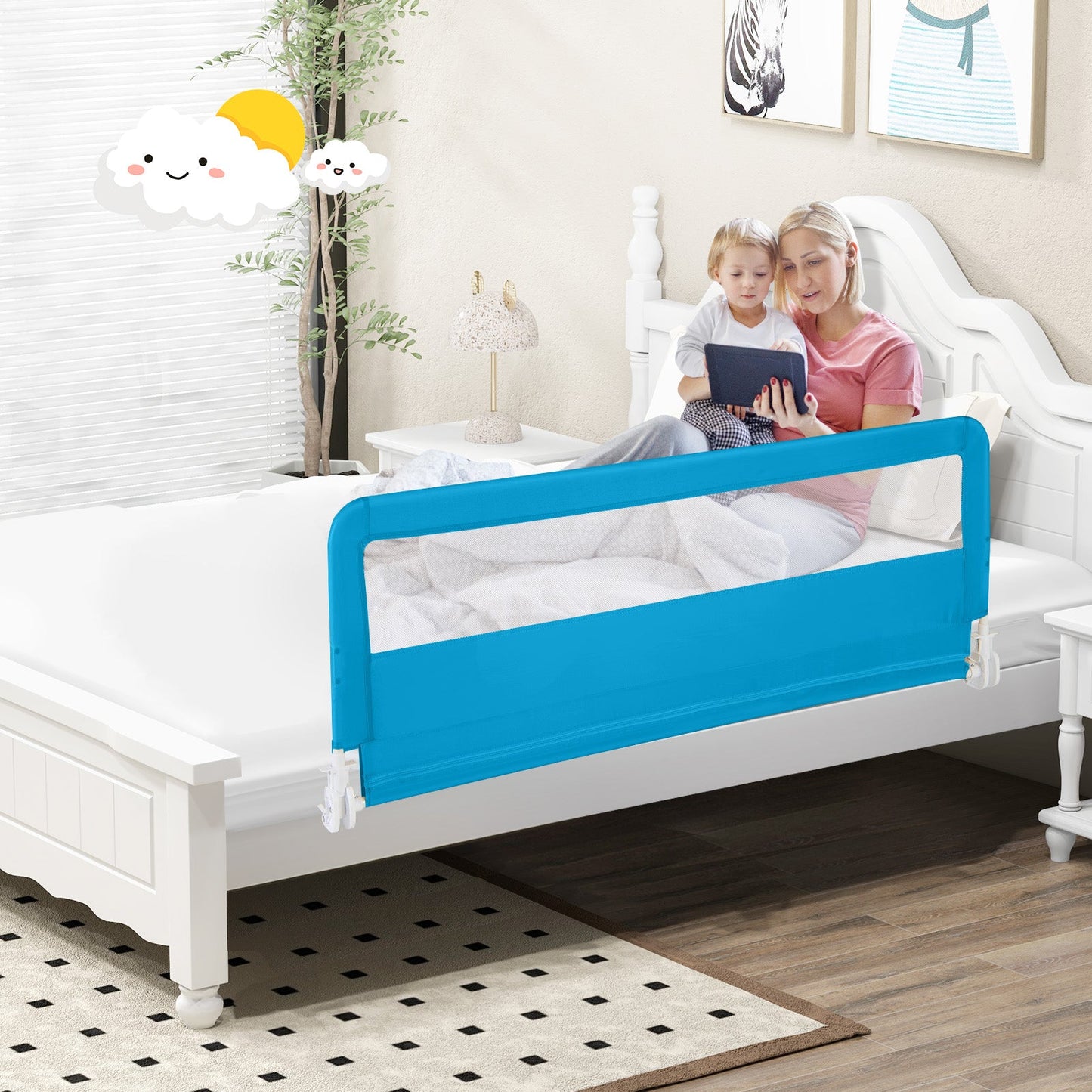 59 Inch Folding Breathable Baby Bed Rail Guard - Blue