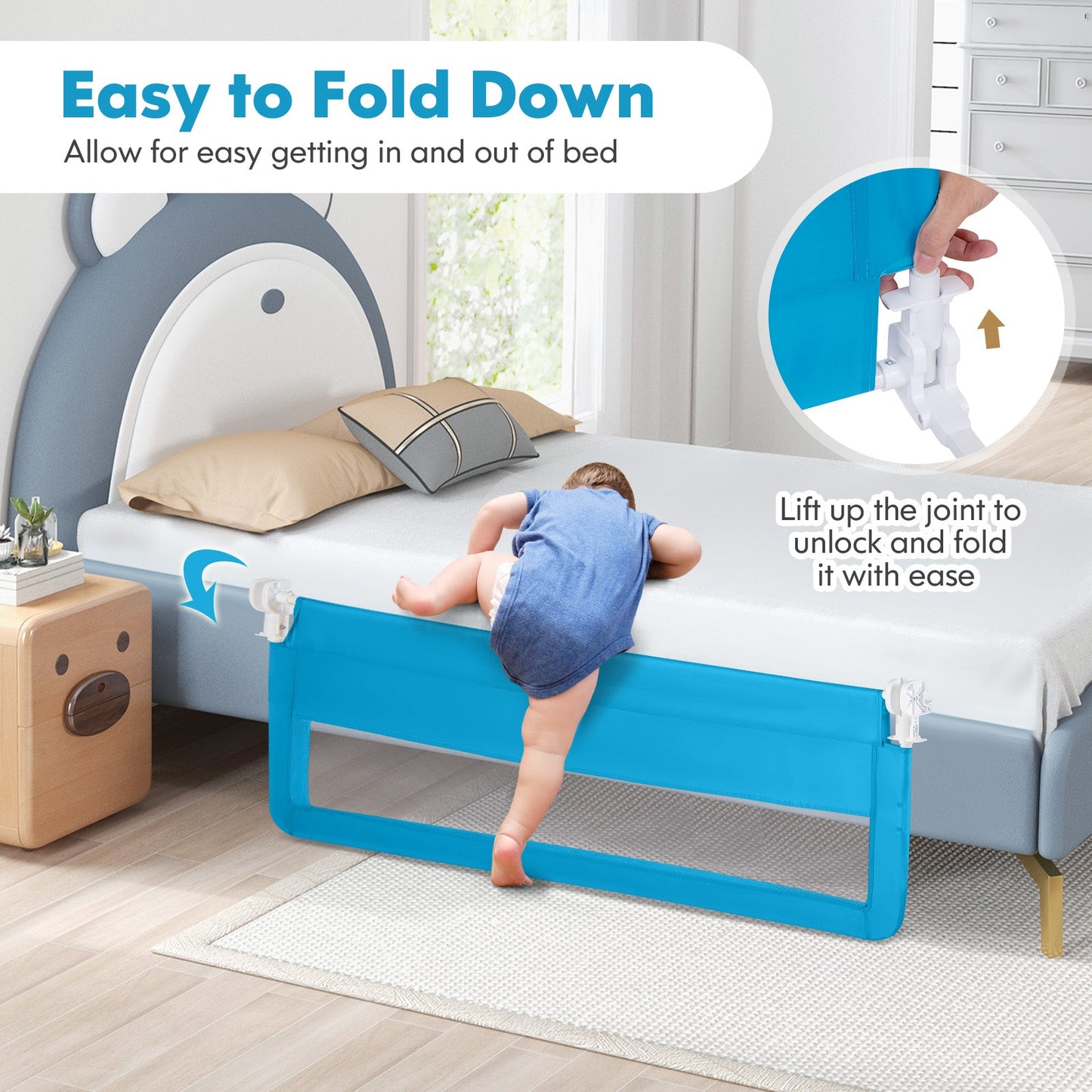 59 Inch Folding Breathable Baby Bed Rail Guard - Blue