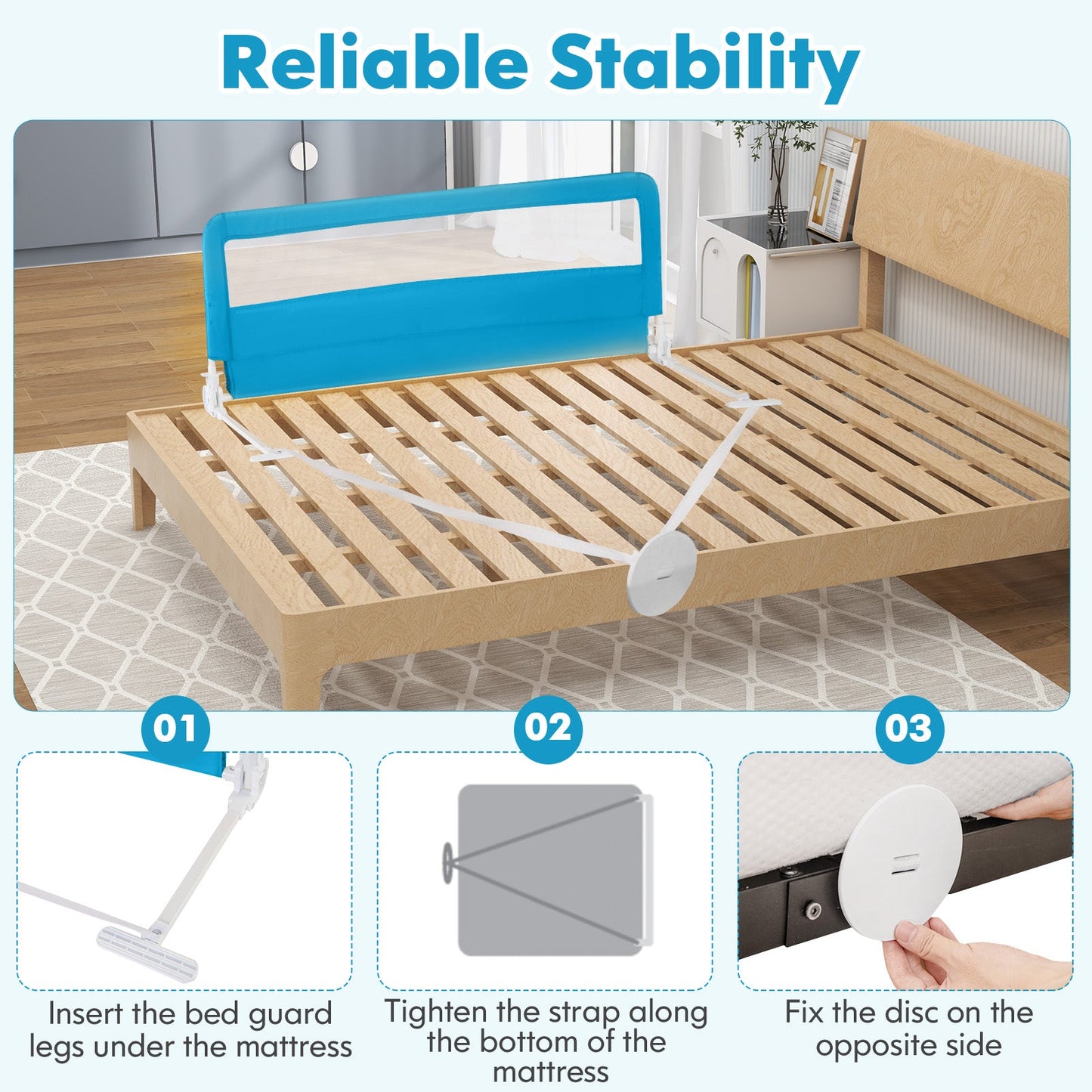 59 Inch Folding Breathable Baby Bed Rail Guard - Blue
