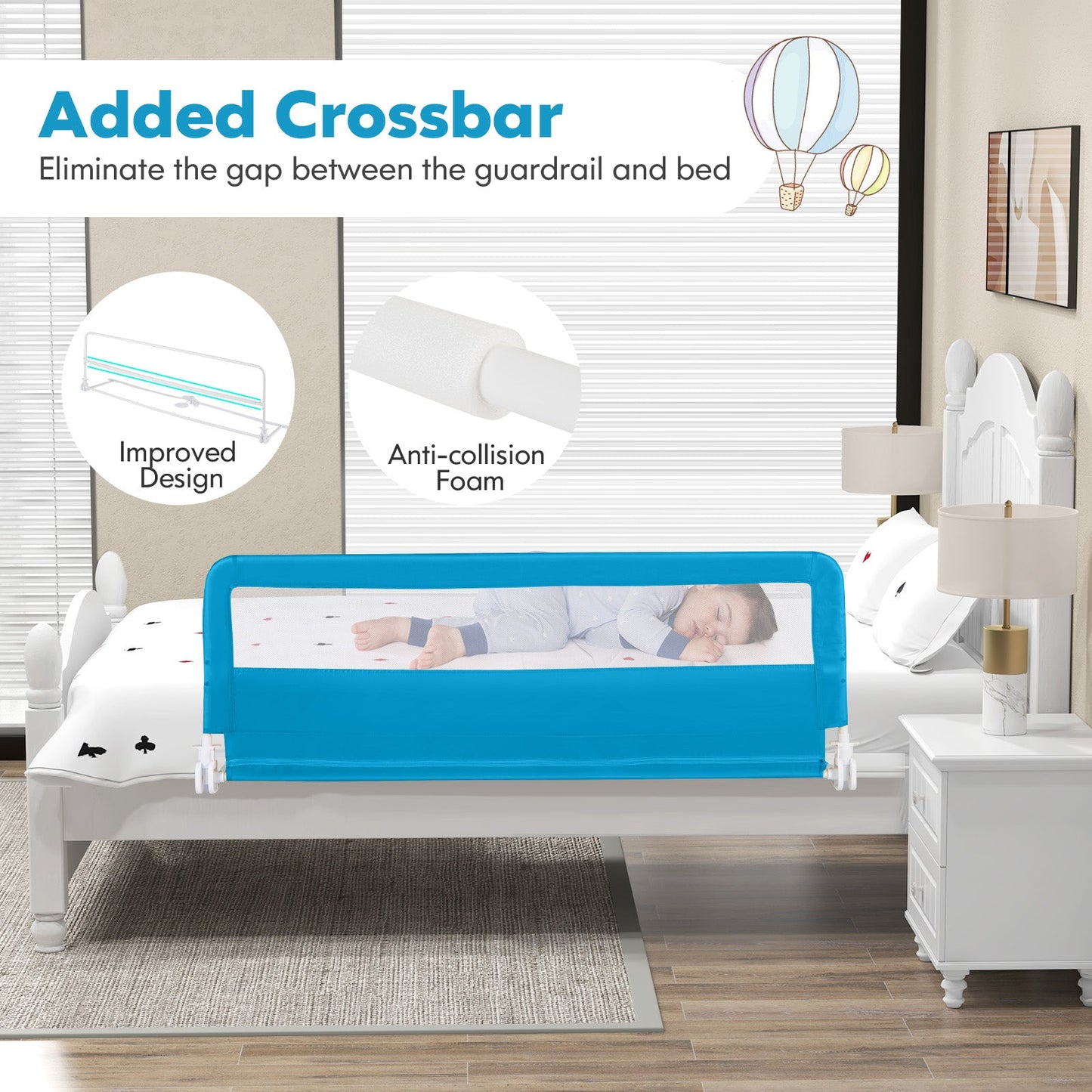 59 Inch Folding Breathable Baby Bed Rail Guard - Blue