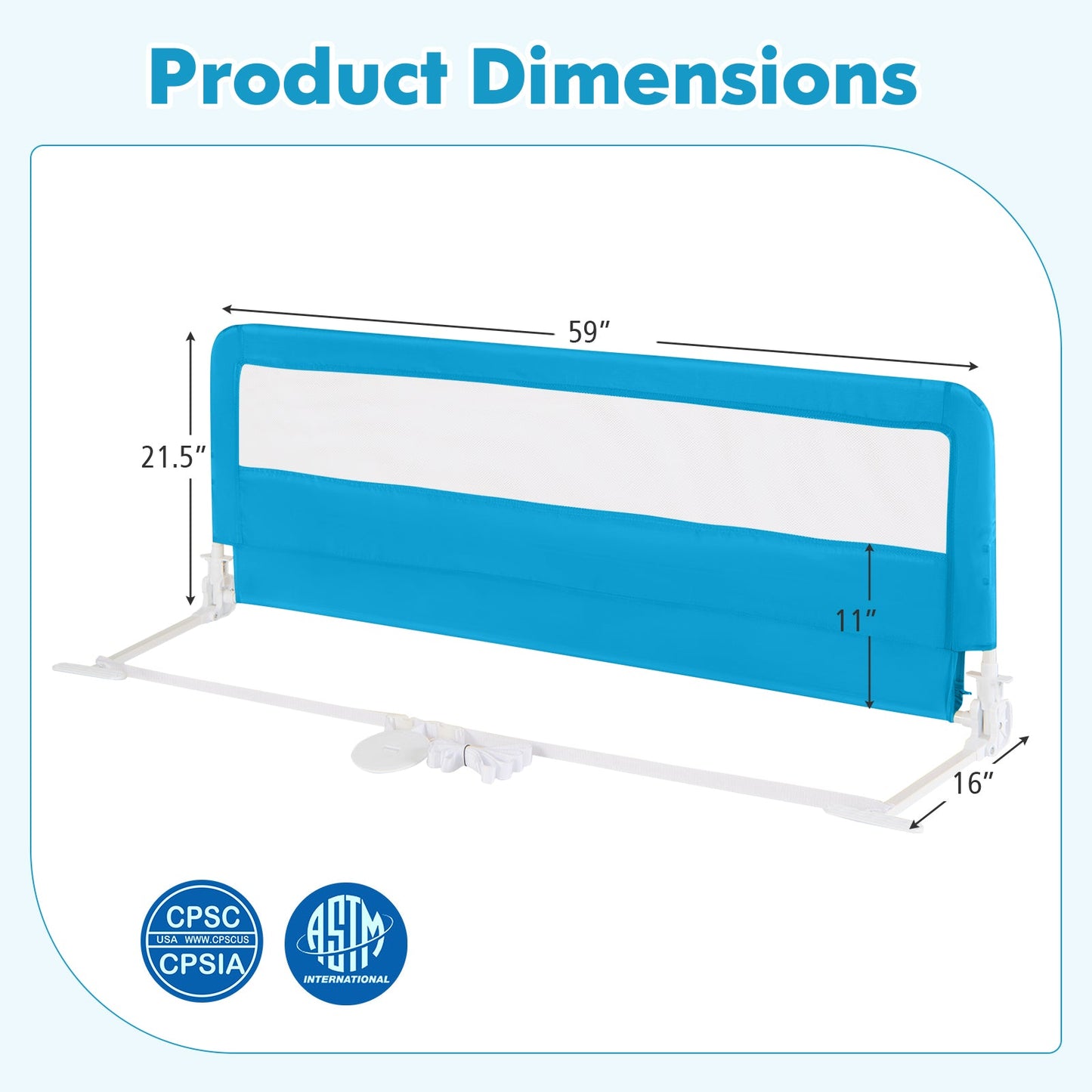 59 Inch Folding Breathable Baby Bed Rail Guard - Blue