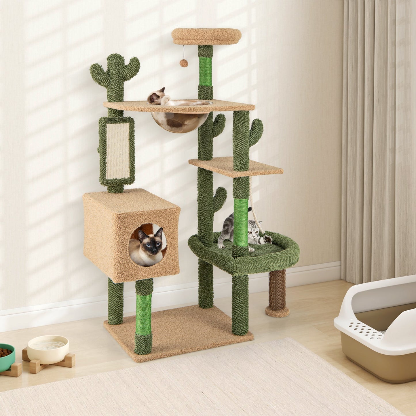Árbol para Gatos Cactus Multinivel de 59 Pulgadas con Postes de Rasguño