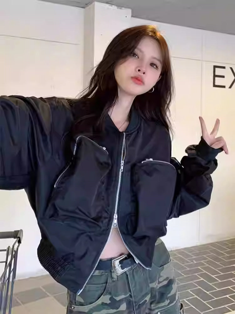 Casual Black Workwear-style Baseball Jacket