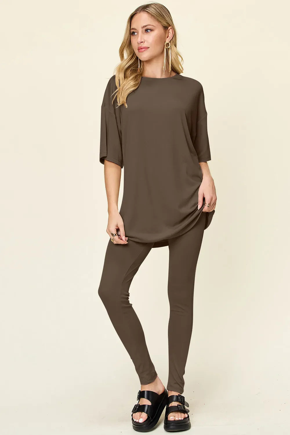 Double Take Full Size Round Neck T-Shirt and Leggings Set