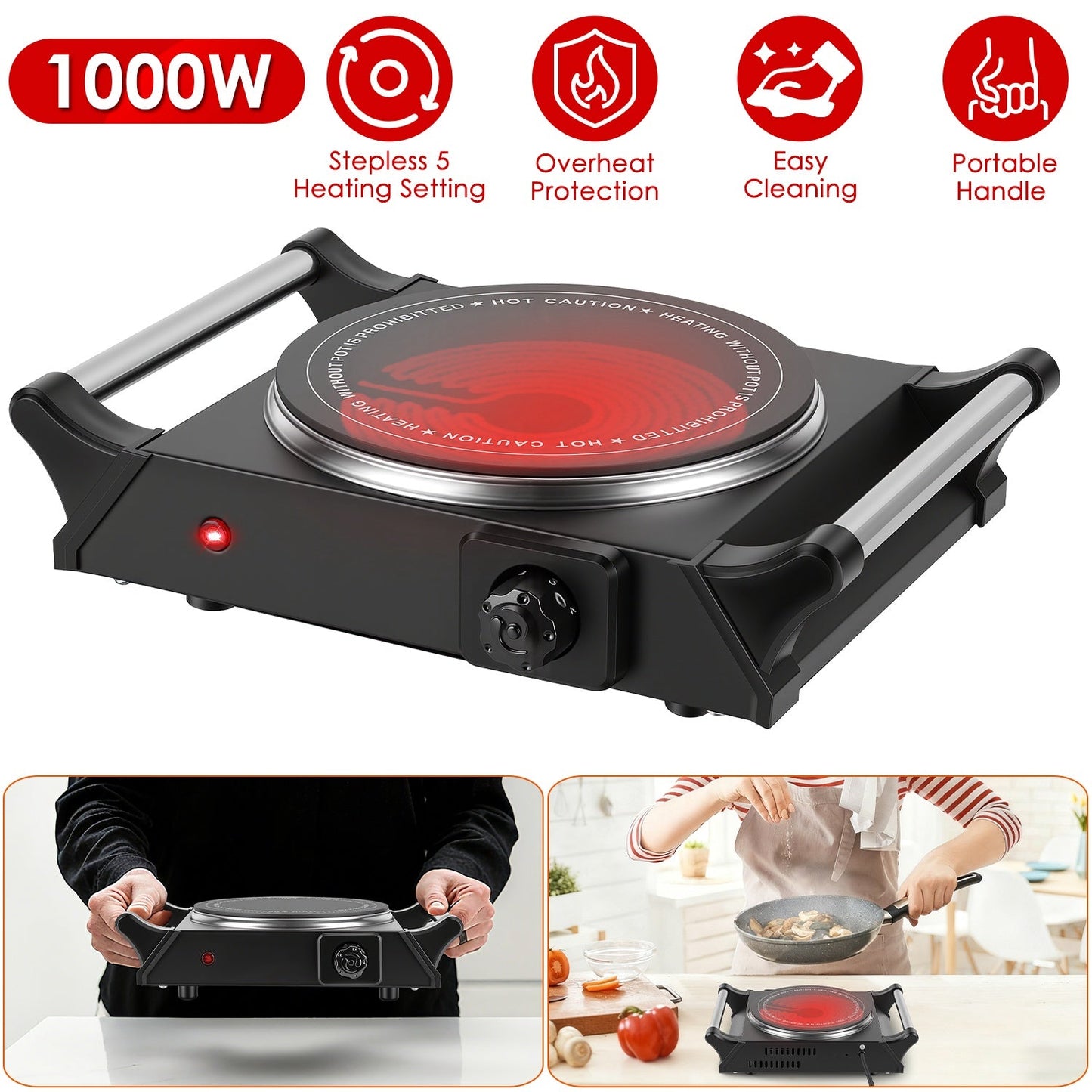 1000W Electric Single Burner Portable Hot Plate with Adjustable Temperature
