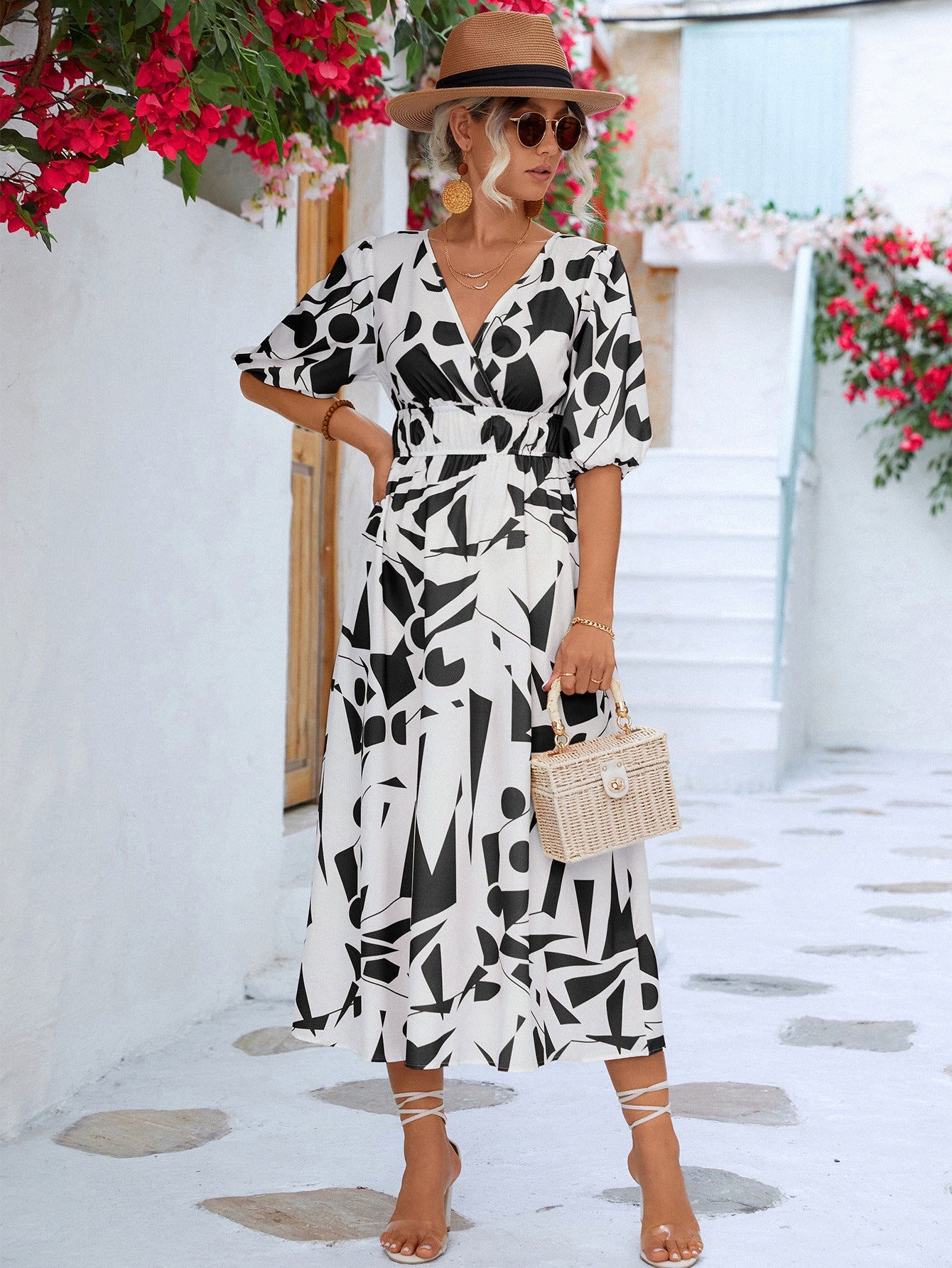 Chic Black and White Balloon Sleeve Dress for Effortless Summer Elegance - Korvel