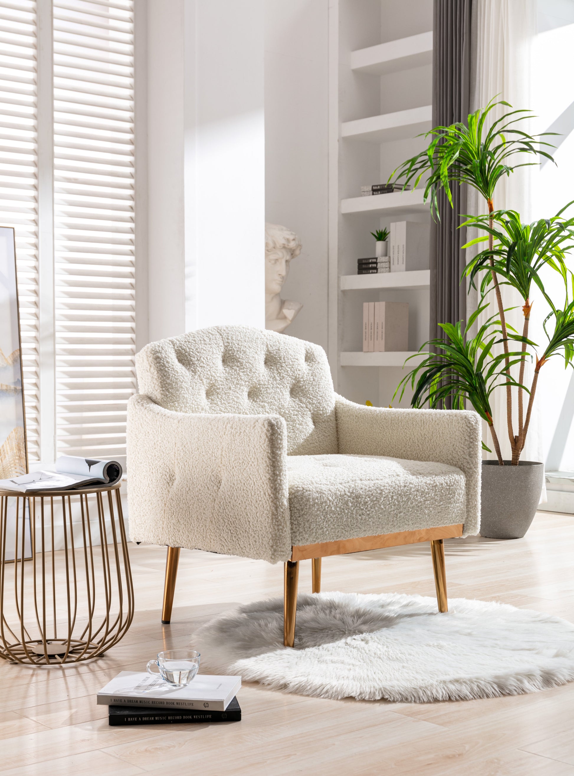 COOLMORE modern style armchair, plush decorative fabric armchair with golden metal legs (white teddy bear) - Korvel