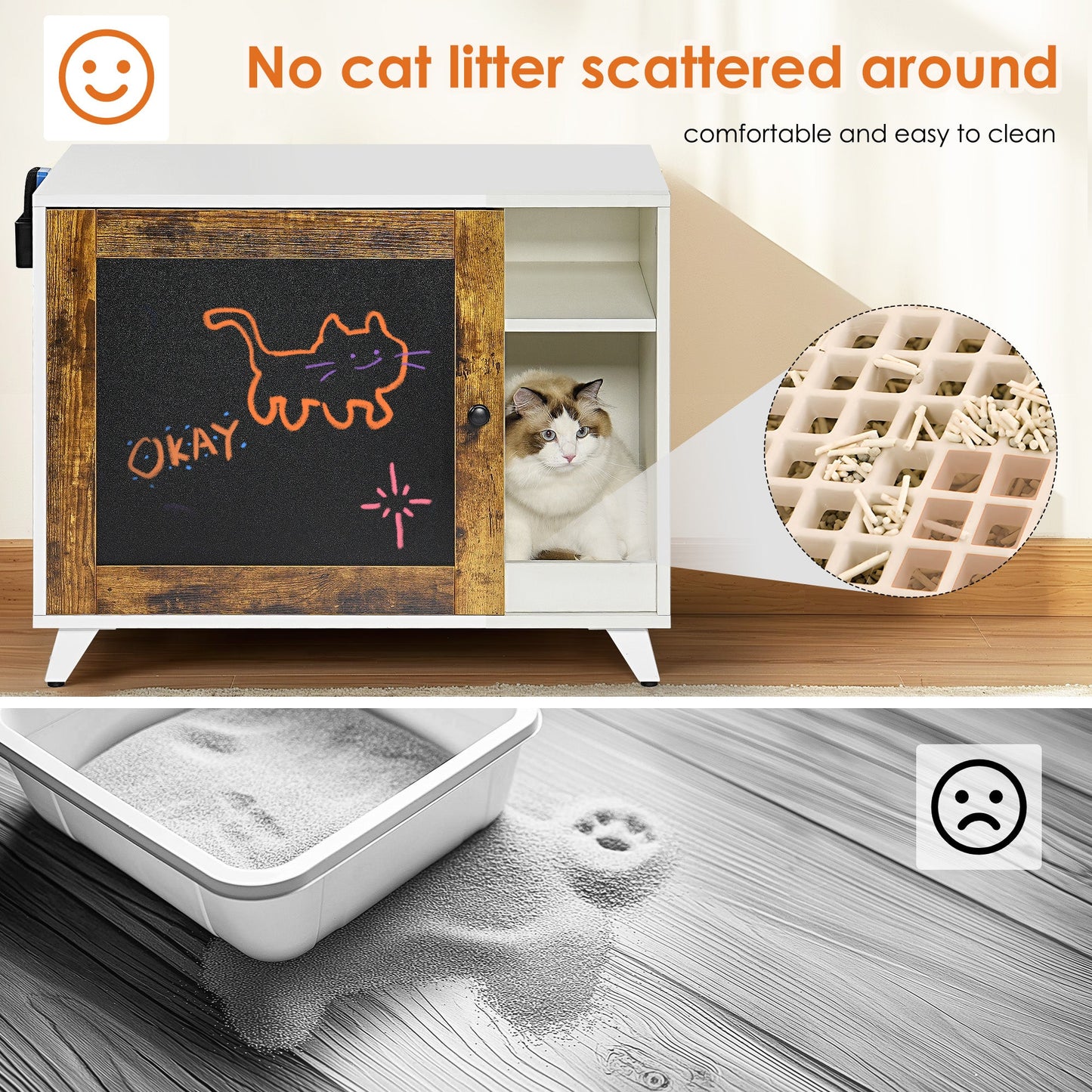 Litter Box Enclosure,Modern Hidden Cat Litter Box Enclosure Furniture with Scratching Pad for Living Room, White + vintage - Korvel