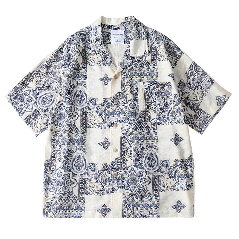 Camisa de Cuello Cubano de Imitación de Lino con Nudos de Bambú