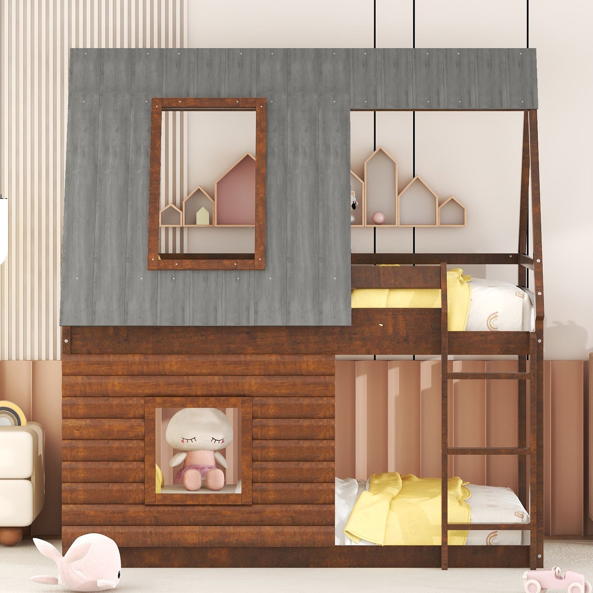 Wood Twin Size House Bunk Bed with Roof, Ladder and 2 Windows, Oak & Smoky Grey - Korvel