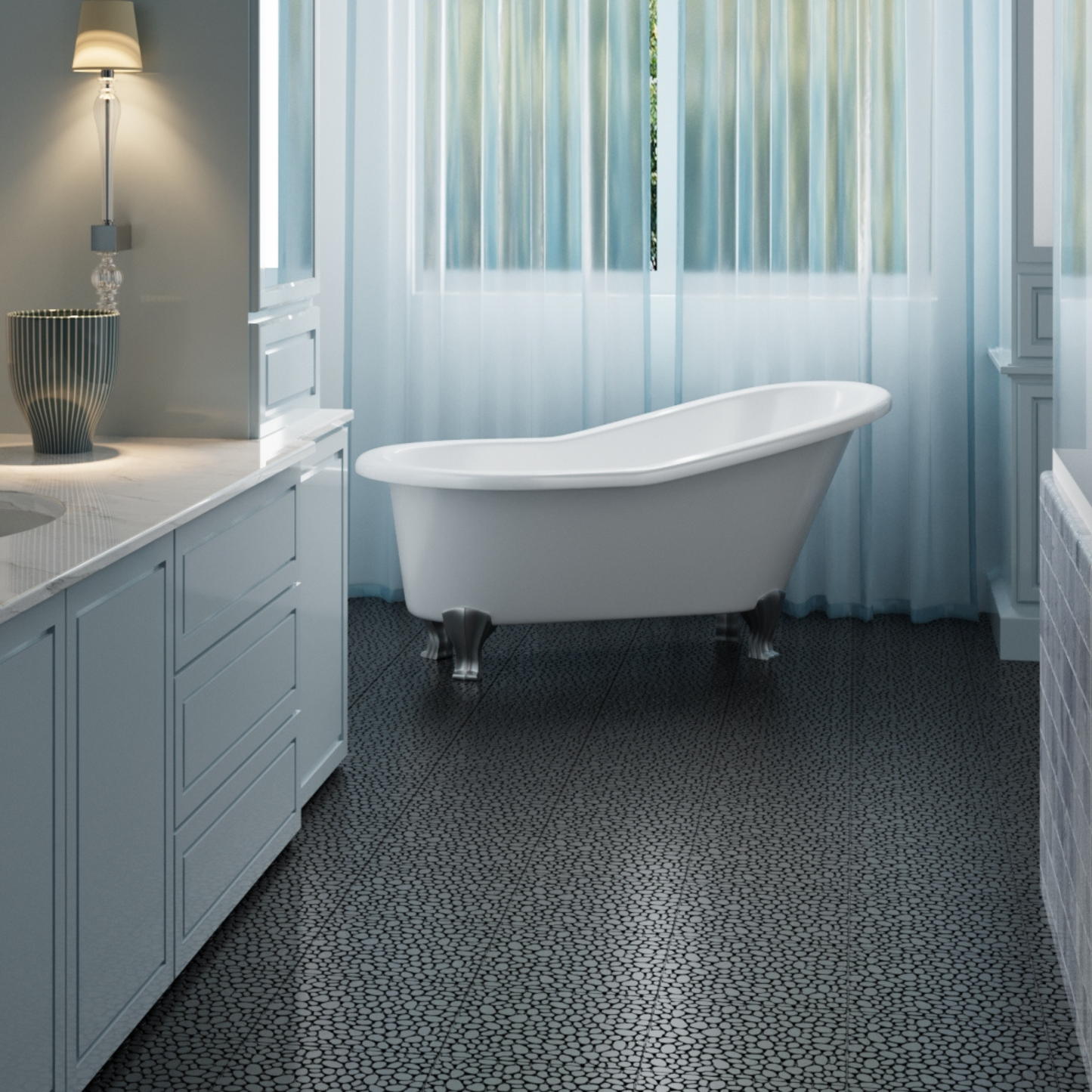12 x 12 inch black interlocking deck tiles, plastic waterproofing, pebble pattern, pack of 12 - Korvel