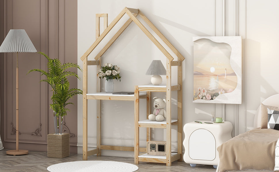 House-shaped Wooden writing Desk Kids study Table Bookshelf & Toy Storage Natural - Korvel