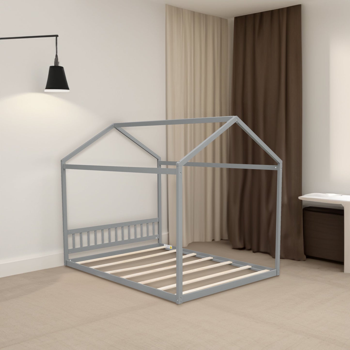 Queen Size Wooden House Bed with Headboard Gray - Korvel