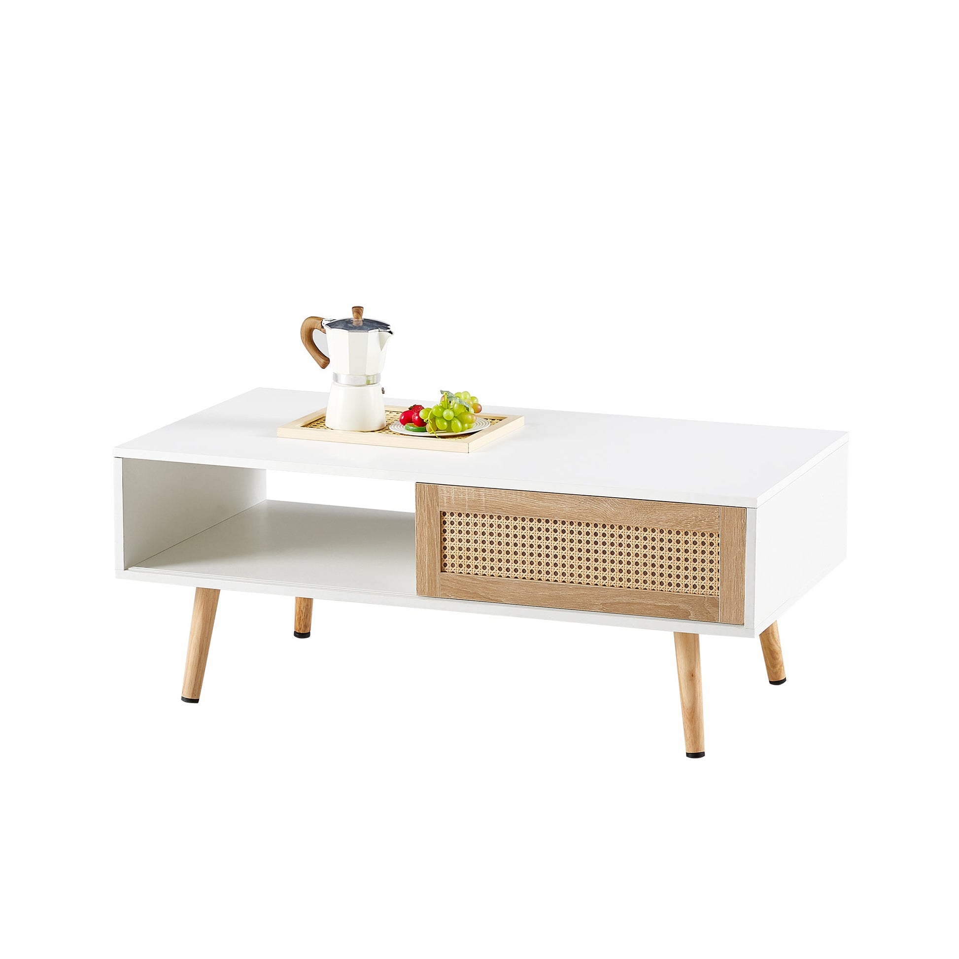 41.34" Rattan Coffee table sliding door for storage solid wood legs White - Korvel