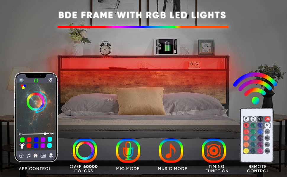 Full size bedstead with storage headboard and 2 drawers, LED light bed with charging station, metal Flat noodles support - Korvel
