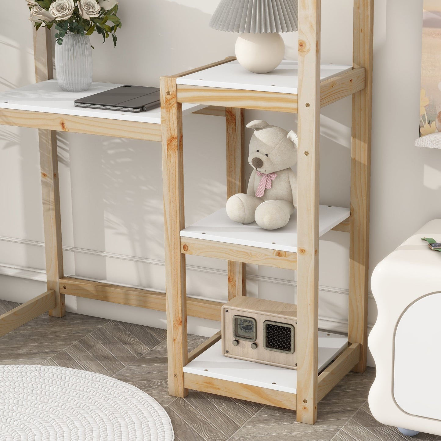 House-shaped Wooden writing Desk Kids study Table Bookshelf & Toy Storage Natural - Korvel