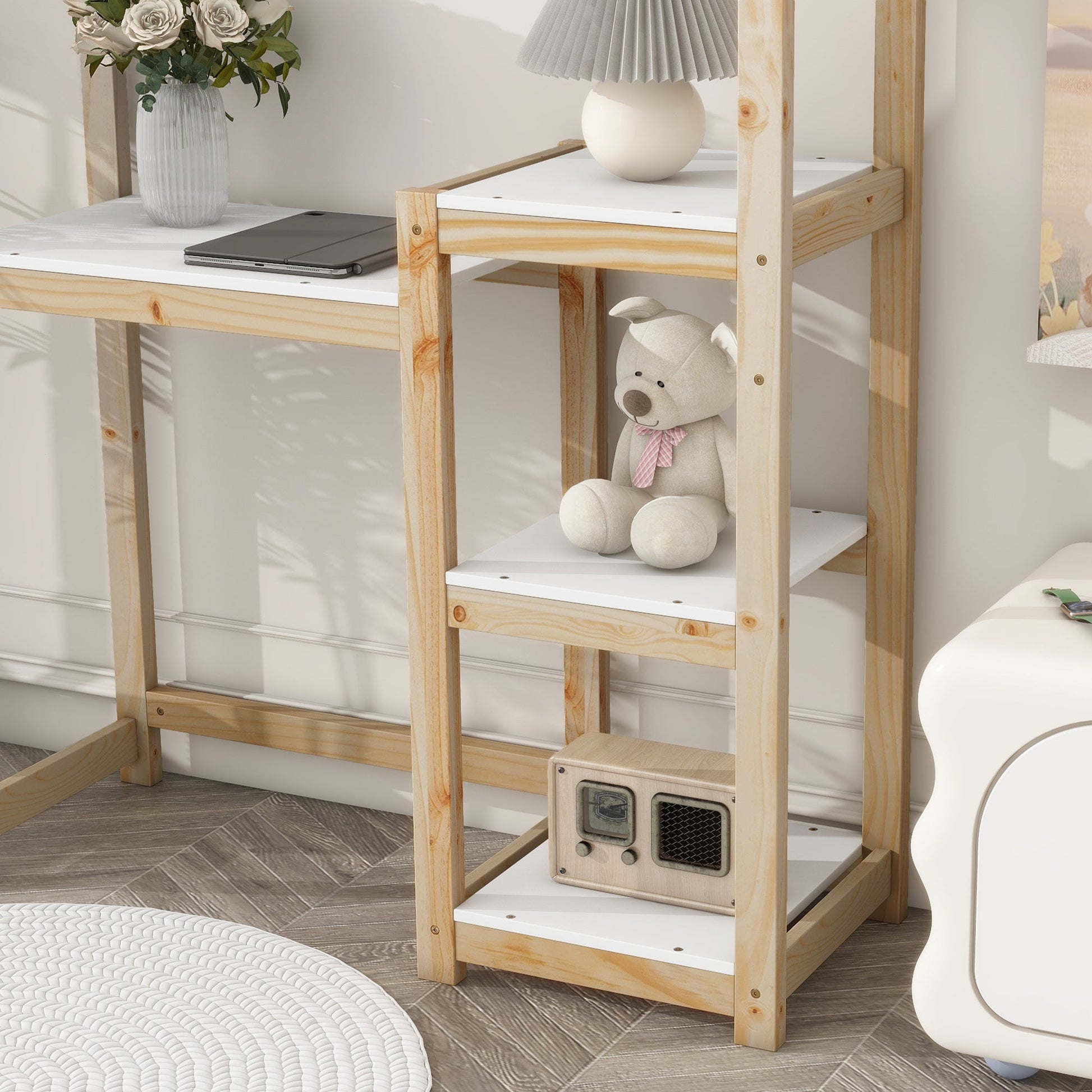 House-shaped Wooden writing Desk Kids study Table Bookshelf & Toy Storage Natural - Korvel